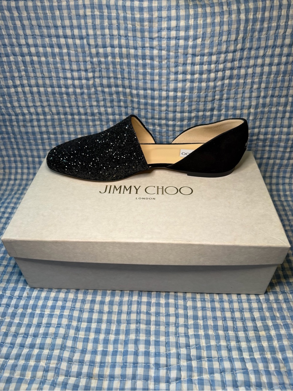 Jimmy Choo Globe Black Coarse Glitter Suede D'Orsay Ballerina Flats